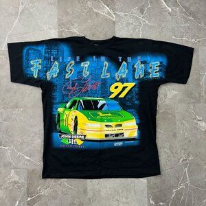 VINTAGE JOHN DEERE RACING GRAPHIC TEE MENS LARGE ALL OVER PRINT CHAD LITTLE AOP